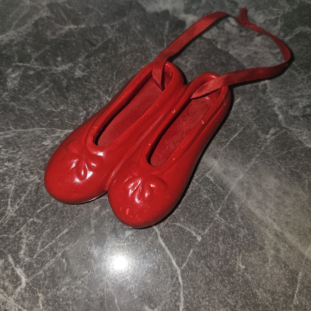 Vintage Red Porcelain Ballet Slippers Christmas Ornament Ceramic 4”